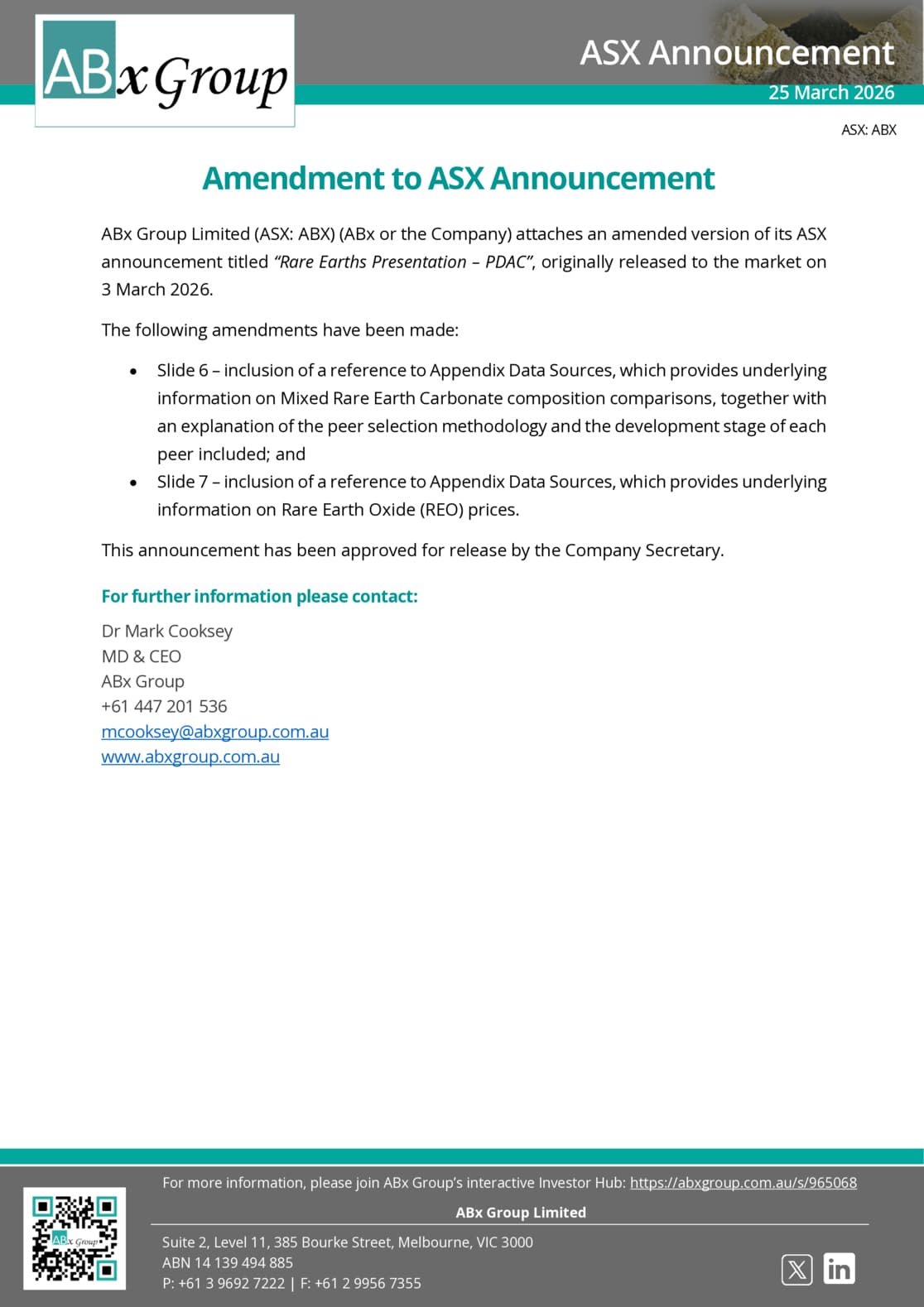Amendment to ASX Announcement