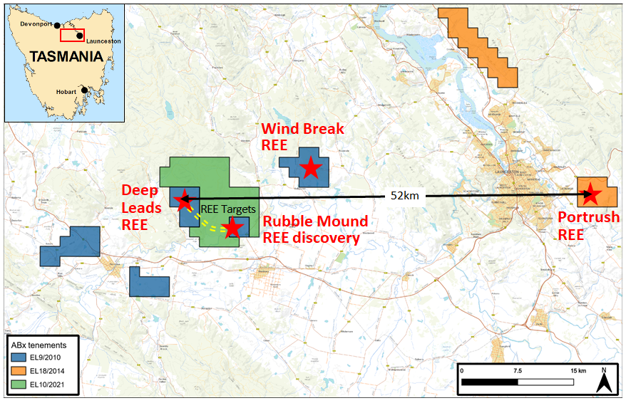Figure 1: ABx leases in the 52km wide REE province.  Deep Leads REE trends towards Rubble Mound (yellow dashes)